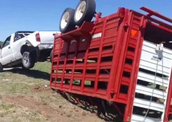 Una camioneta que circulaba con un tráiler perdió el control y volcó en la autopista 55