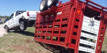 Una camioneta que circulaba con un tráiler perdió el control y volcó en la autopista 55