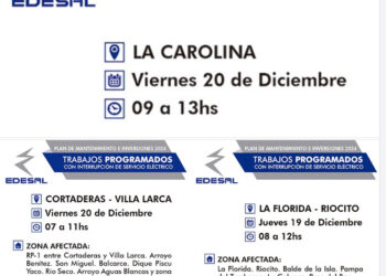 Corte programado del servicio eléctrico en La Carolina, Cortaderas, Villa Larca , La Florida y Riocito.