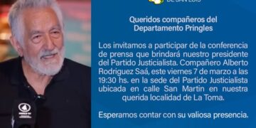 Alberto Rodríguez Saá estará en el Departamento Pringles