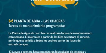 El municipio de San Francisco comunica que se realizará la limpieza de la Planta de Agua de las Chacras