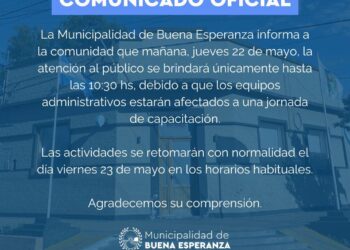 Buena Esperanza: La Municipalidad atenderá con horario reducido este jueves